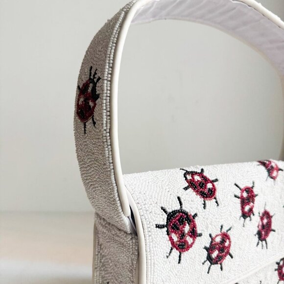 Beaded Lady Bug Lucky White Red Large Baguette Bag - Picture 5 of 14
